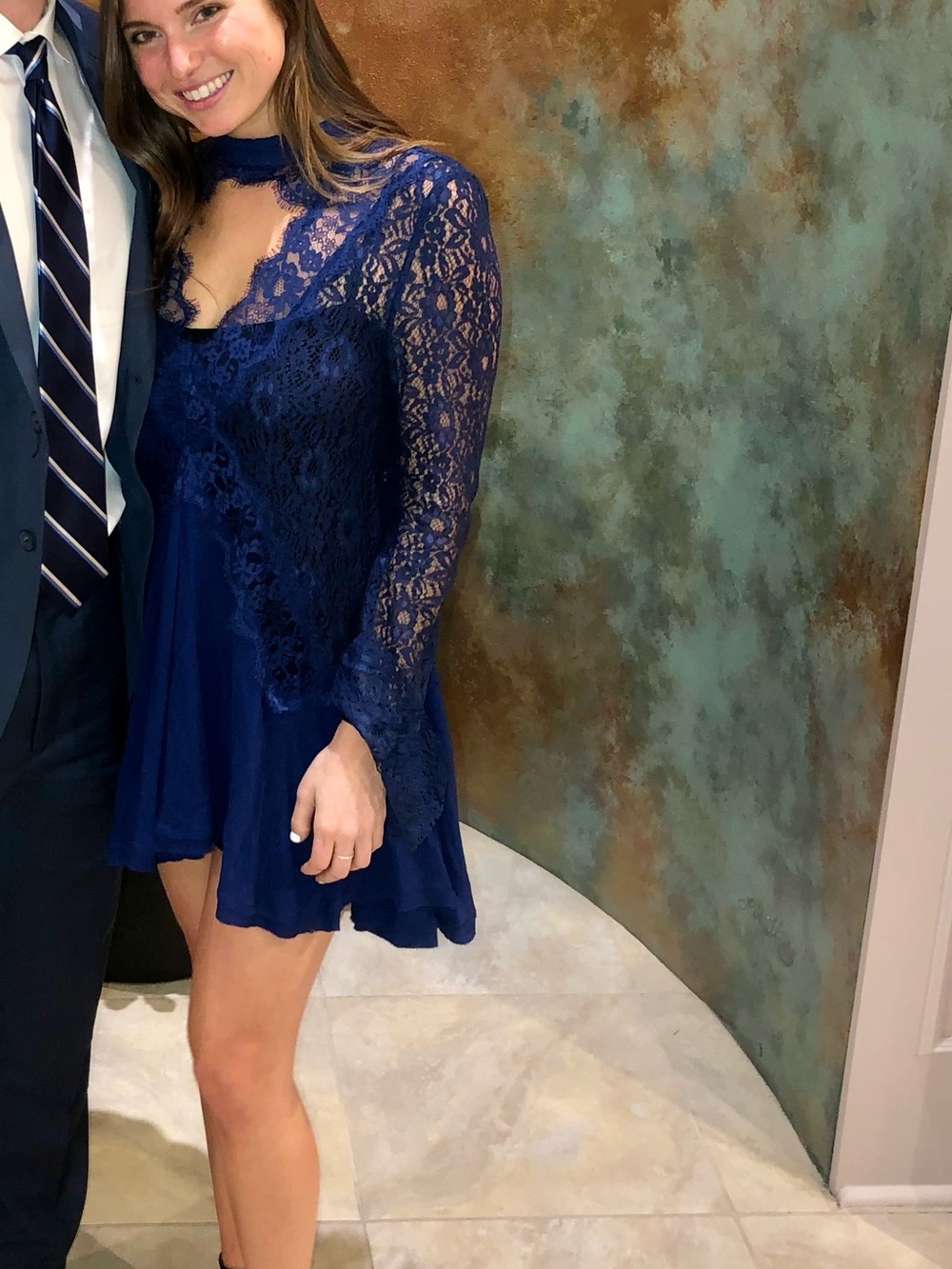 Free People Royal Blue Lace Long-Sleeve Mini Dress